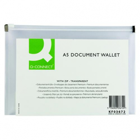 Q-Connect Document Zip Wallet A5 Transparent Pack of 10 KF03672